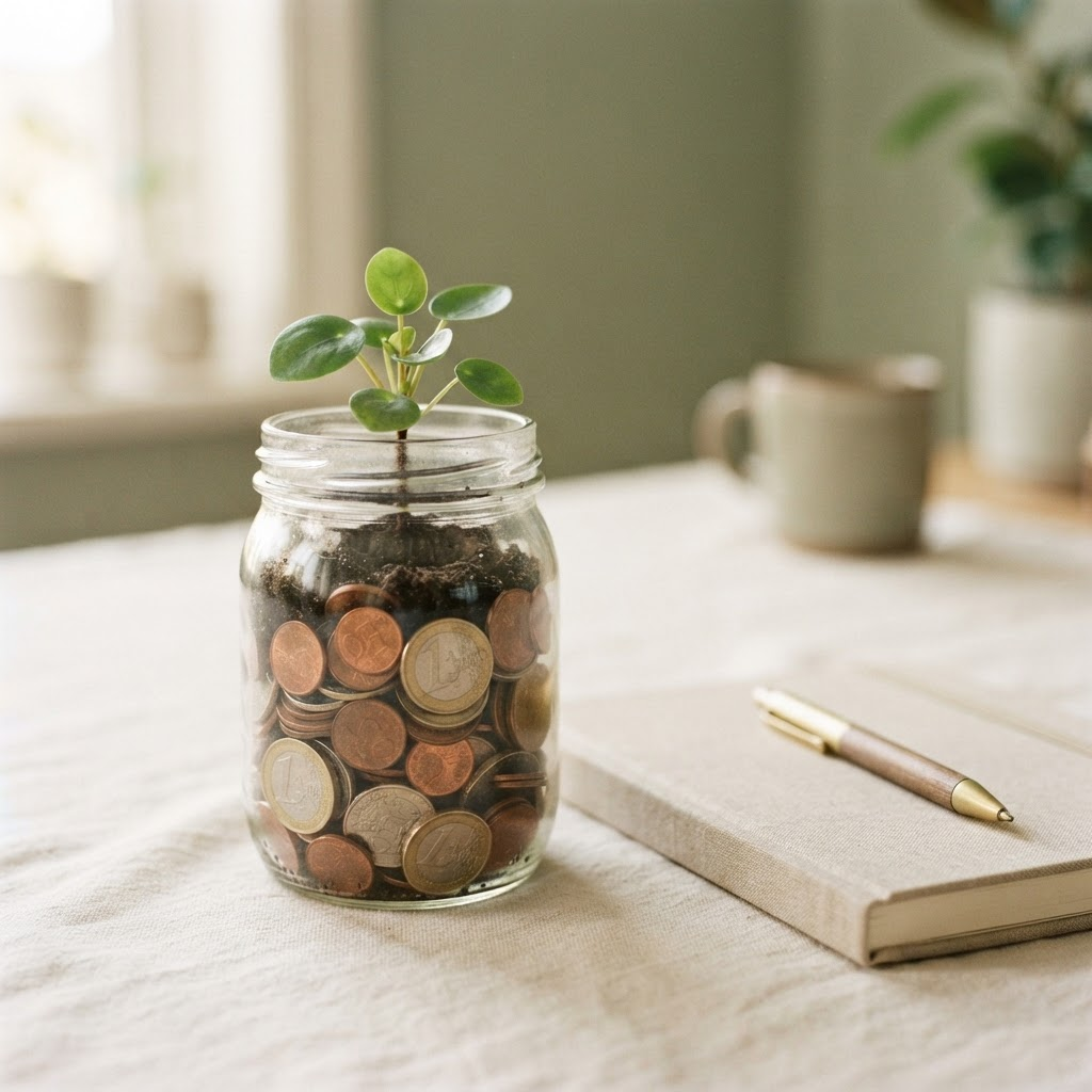 Frasco de ahorro con monedas y una pequeña planta creciendo, junto a un cuaderno